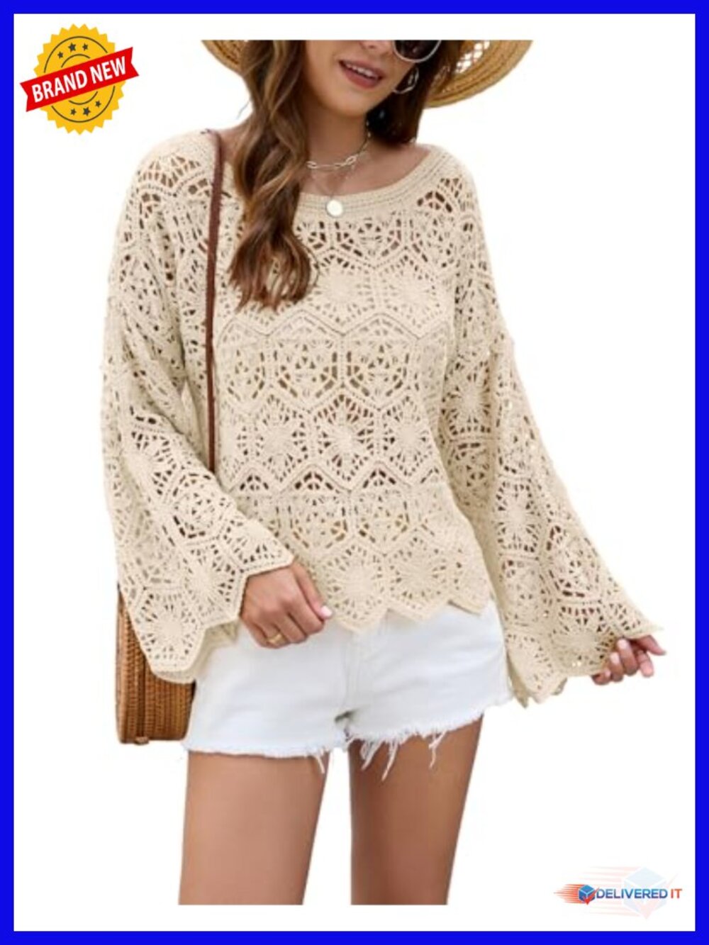 Women's Oversized Boat Neck Crochet Sweater Pullover Bell Sleeve Hollow Out